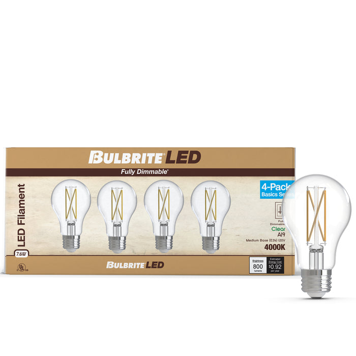 A19 7.6W Dimmable Clear Filament LED Light Bulb with E26 Base, 4000K, 800 Lumens, 4-Pack