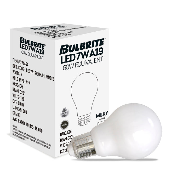 A19 7.6W Dimmable Milky Filament LED Light Bulb with E26 Base, 3000K, 800 Lumens, 4-Pack