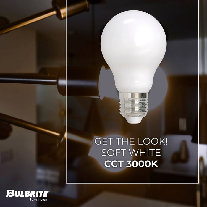 A19 7.6W Dimmable Milky Filament LED Light Bulb with E26 Base, 3000K, 800 Lumens, 4-Pack