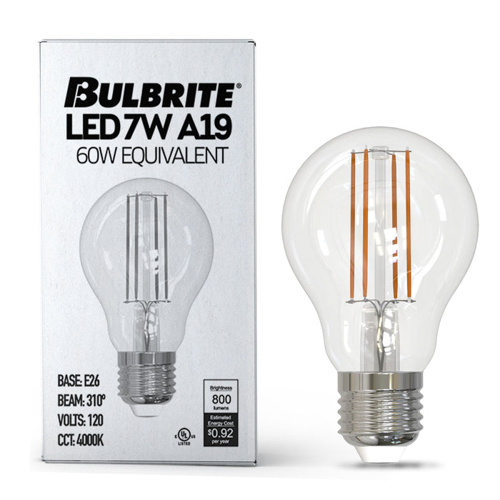 A19 7W Dimmable Clear Filament LED Light Bulb with E26 Base, 4000K, 800 Lumens, 8-Pack