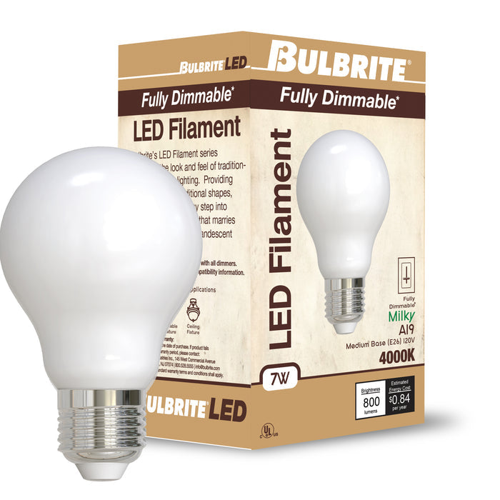A19 7W Dimmable Milky Filament LED Light Bulb with E26 Base, 4000K, 800 Lumens, 4-Pack