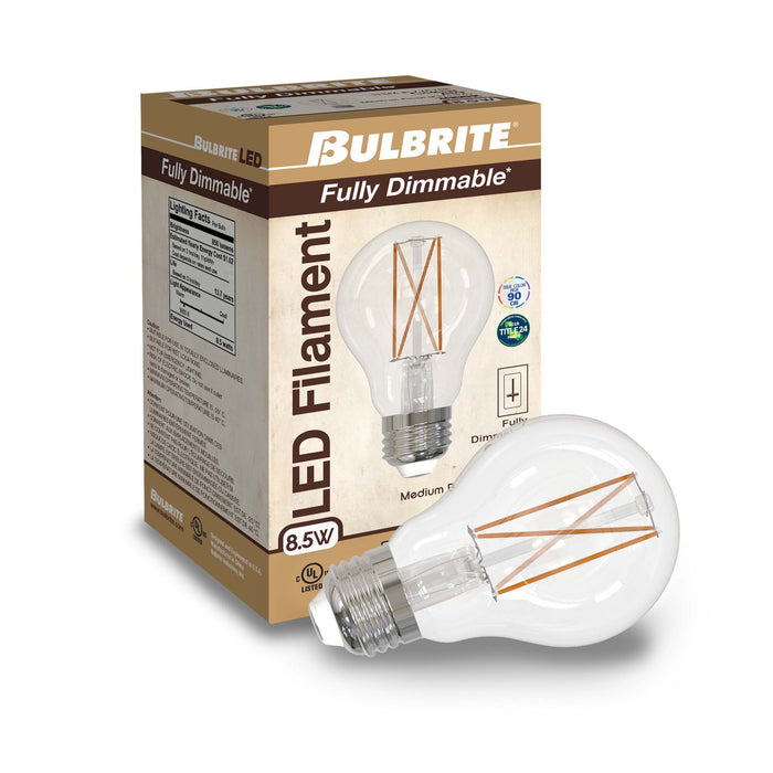 A19 8.5W Dimmable Clear Filament LED Light Bulb with E26 Base, 3000K, 850 Lumens, 2-Pack
