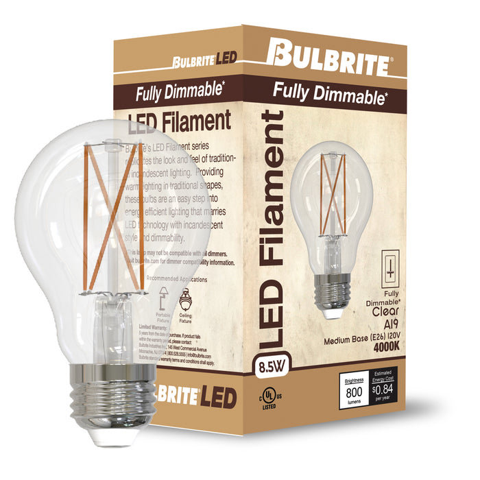 A19 8.5W Dimmable Clear Filament LED Light Bulb with E26 Base, 5000K, 800 Lumens, 4-Pack