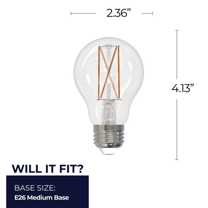 A19 8.5W Dimmable Clear Filament LED Light Bulb with E26 Base, 5000K, 800 Lumens, 4-Pack
