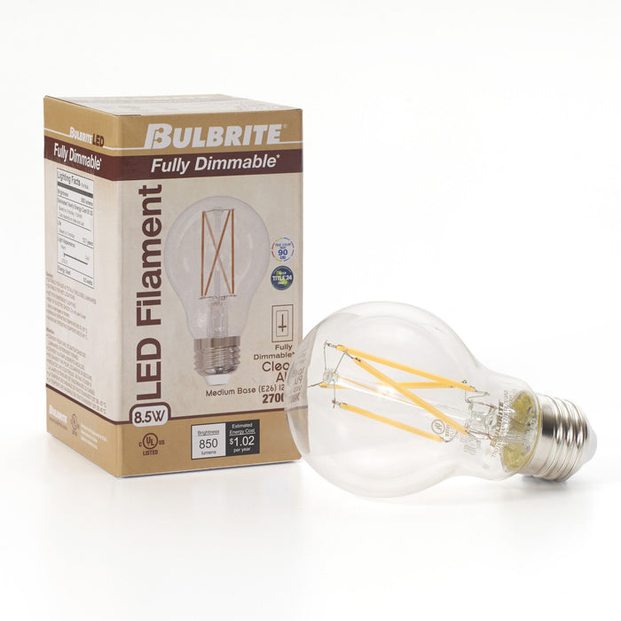 A19 8.5W Dimmable Filament LED Light Bulb with E26 Base, 2700K, 850 Lumens, 2-Pack