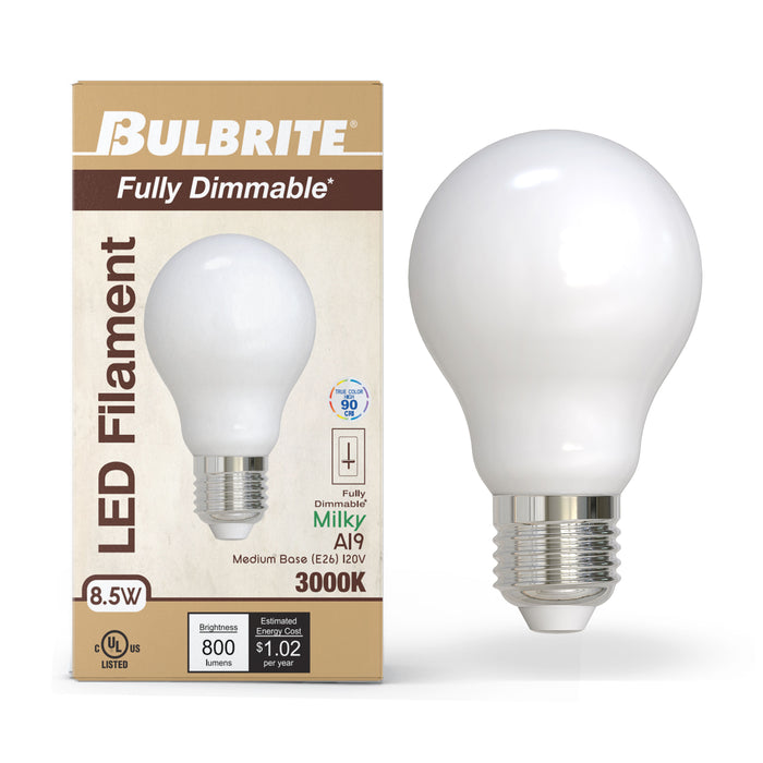 A19 8.5W Dimmable Milky Filament LED Light Bulb with E26 Base, 3000K, 800 Lumens, 2-Pack