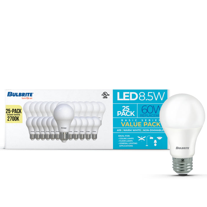 A19 8.5W Non-Dimmable Frost Filament LED Light Bulb with E26 Base, 2700K, 750 Lumens, 25-Pack