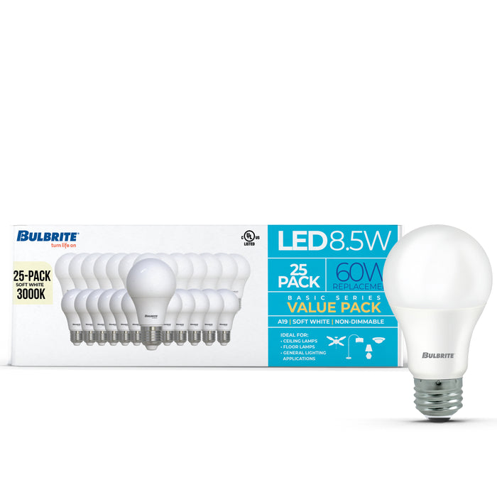 A19 8.5W Non-Dimmable Frost Filament LED Light Bulb with E26 Base, 3000K, 750 Lumens, 25-Pack