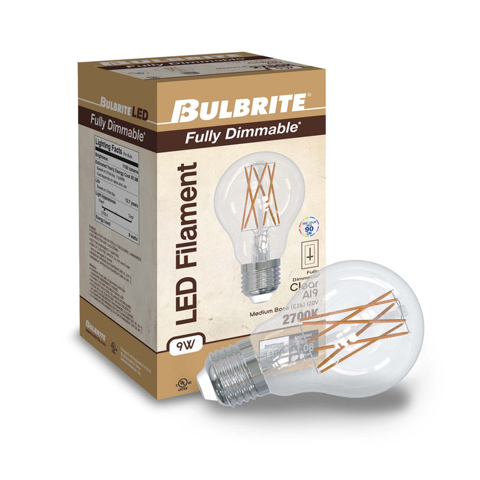 A19 9W Dimmable Clear Filament LED Light Bulb with E26 Base, 2700K, 1100 Lumens, 2-Pack