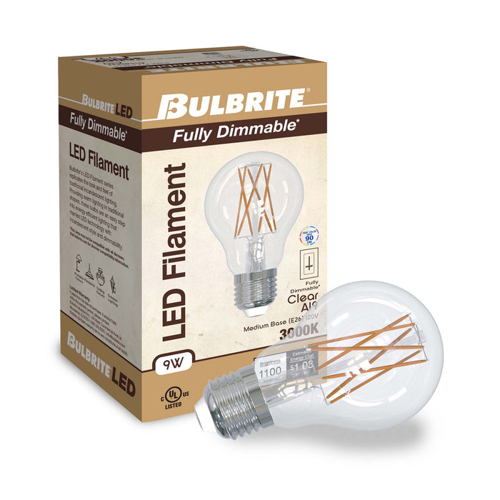 A19 9W Dimmable Clear Filament LED Light Bulb with E26 Base, 3000K, 1100 Lumens, 2-Pack