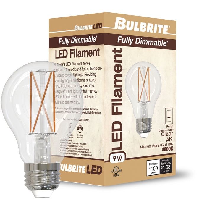A19 9W Dimmable Clear Filament LED Light Bulb with E26 Base, 4000K, 1100 Lumens, 4-Pack