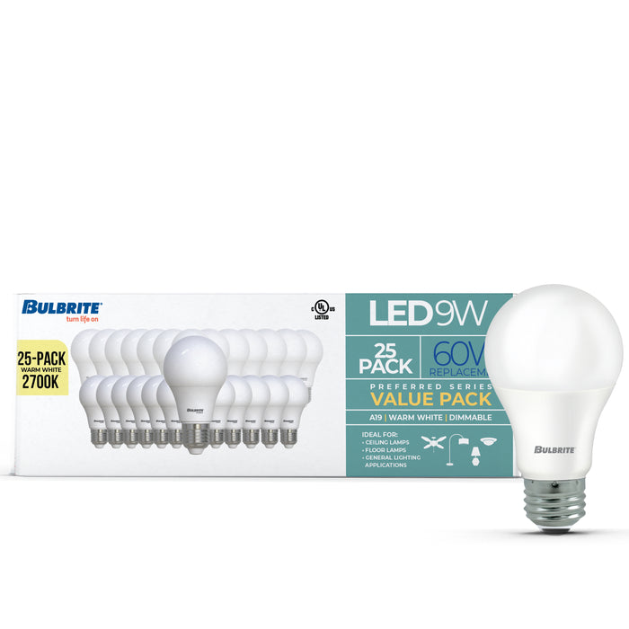 A19 9W Dimmable Frost Filament LED Light Bulb with E26 Base, 2700K, 800 Lumens, 25-Pack