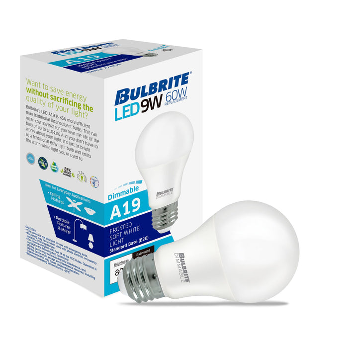 A19 9W Dimmable Frost Filament LED Light Bulb with E26 Base, 2700K, 800 Lumens, 4-Pack