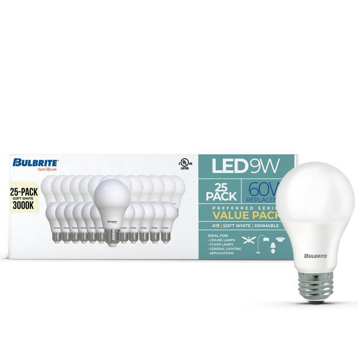A19 9W Dimmable Frost Filament LED Light Bulb with E26 Base, 3000K, 800 Lumens, 25-Pack