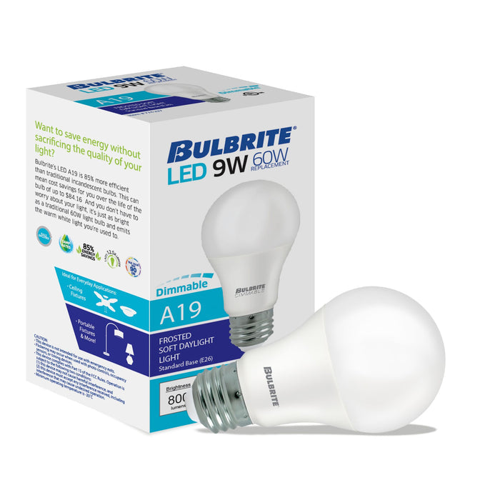 A19 9W Dimmable Frost LED Light Bulb with E26 Base, 5000K, 800 Lumens, 8-Pack
