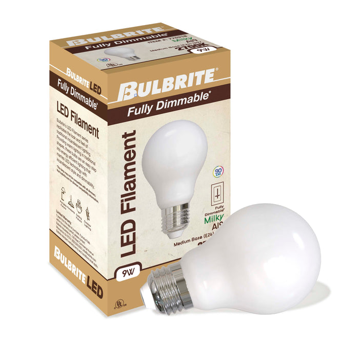 A19 9W Dimmable Milky Filament LED Light Bulb with E26 Base, 2700K, 1100 Lumens, 2-Pack