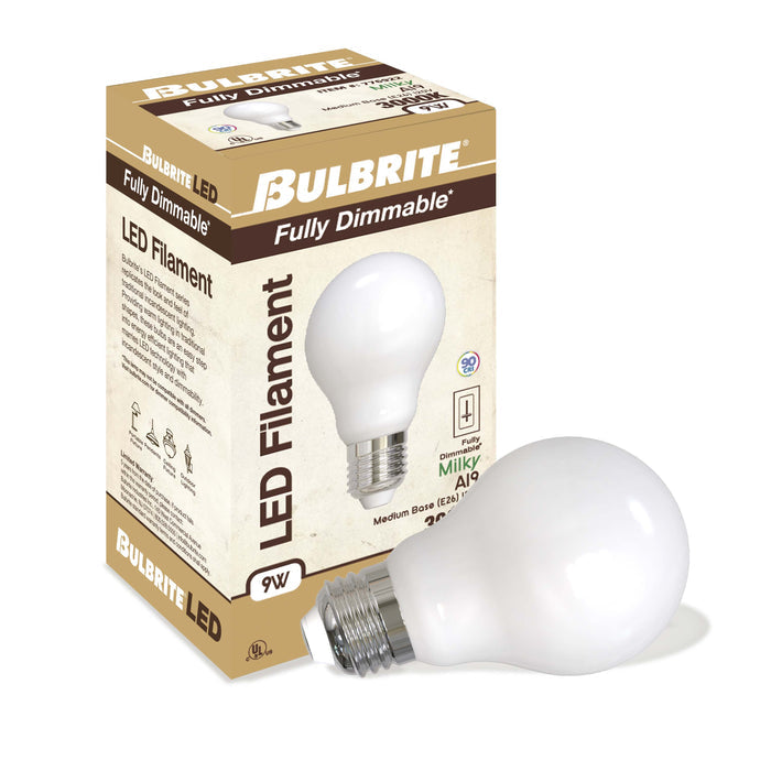 A19 9W Dimmable Milky Filament LED Light Bulb with E26 Base, 3000K, 1100 Lumens, 2-Pack
