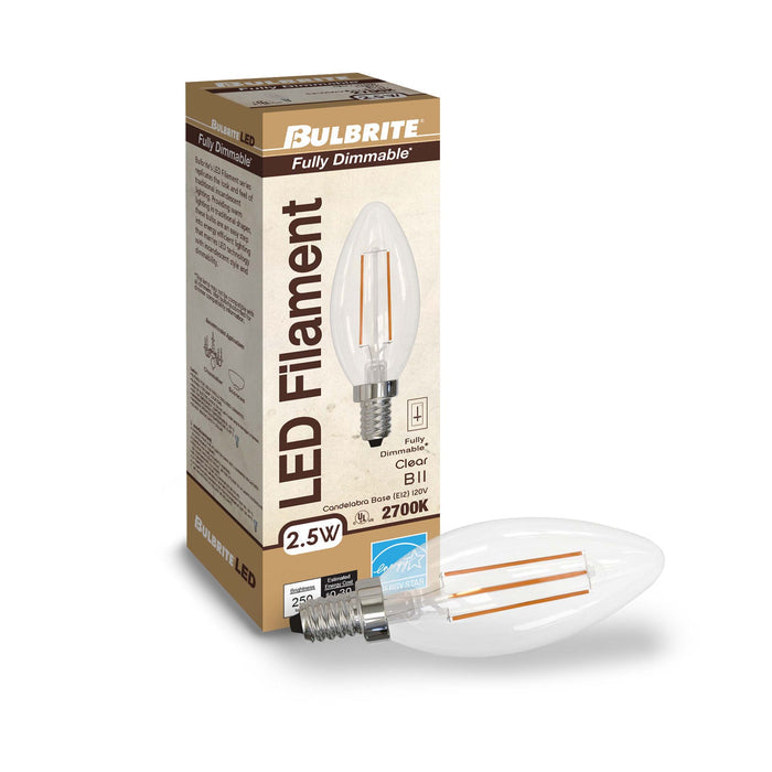 B11 2.5W Dimmable Clear Filament LED Light Bulb with E12 Base, 2700K, 250 Lumens, 4-Pack