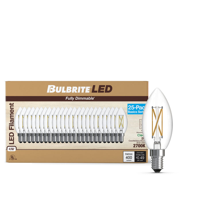 B11 4.1W Dimmable Clear Filament LED Light Bulb with E12 Base, 2700K, 400 Lumens, 25-Pack
