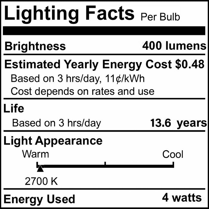 B11 4.1W Dimmable Clear Filament LED Light Bulb with E12 Base, 2700K, 400 Lumens, 25-Pack