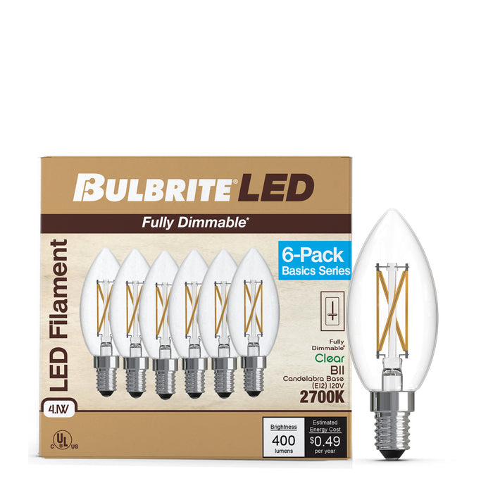 B11 4.1W Dimmable Clear Filament LED Light Bulb with E12 Base, 2700K, 400 Lumens, 6-Pack