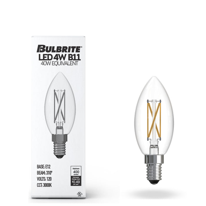 B11 4.1W Dimmable Clear Filament LED Light Bulb with E12 Base, 3000K, 400 Lumens, 8-Pack