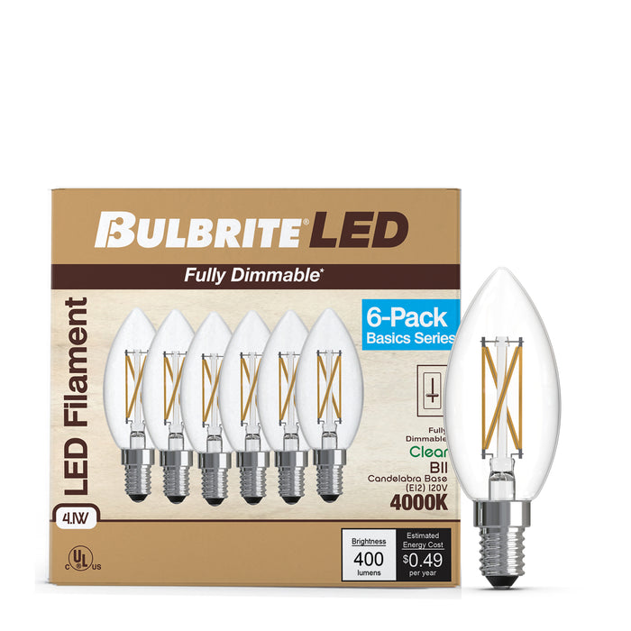 B11 4.1W Dimmable Clear Filament LED Light Bulb with E12 Base, 4000K, 400 Lumens, 6-Pack