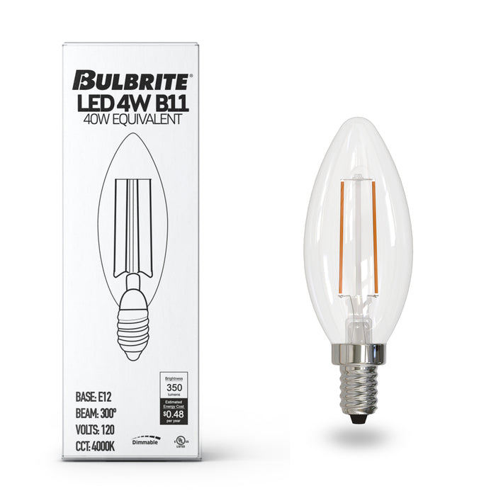 B11 4.1W Dimmable Filament LED Light Bulb with E12 Base, 4000K, 400 Lumens, 8-Pack