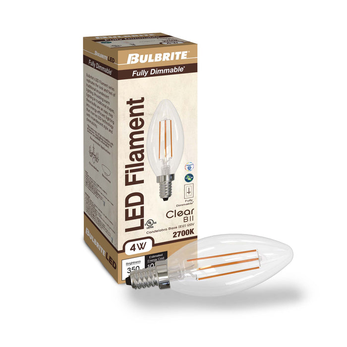 B11 4W Dimmable Clear Filament LED Light Bulb with E12 Base, 2700K, 350 Lumens, 4-Pack