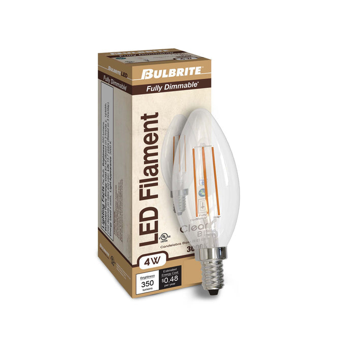 B11 4W Dimmable Clear Filament LED Light Bulb with E12 Base, 3000K, 350 Lumens, 4-Pack