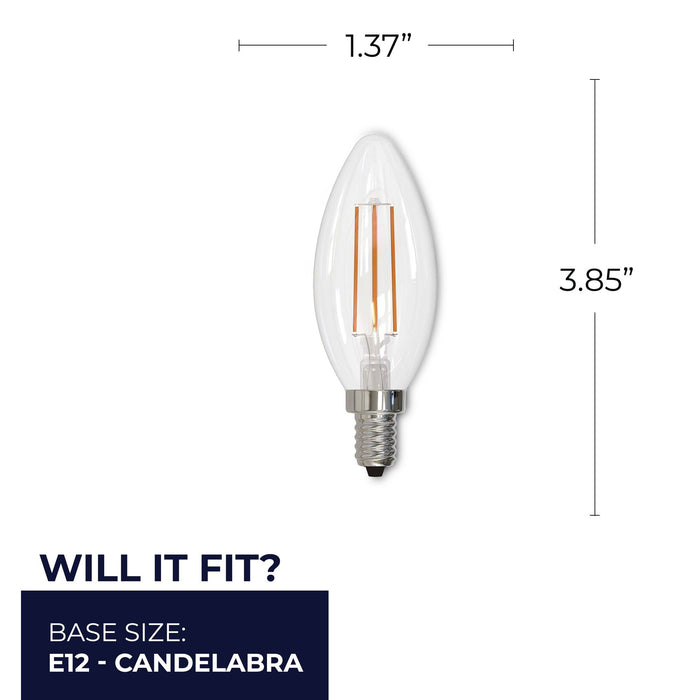 B11 4W Dimmable Clear Filament LED Light Bulb with E12 Base, 3000K, 350 Lumens, 4-Pack