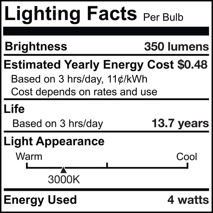 B11 4W Dimmable Clear Filament LED Light Bulb with E12 Base, 3000K, 350 Lumens, 4-Pack