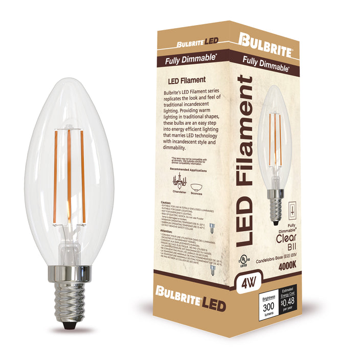 B11 4W Dimmable Clear Filament LED Light Bulb with E12 Base, 4000K, 300 Lumens, 4-Pack