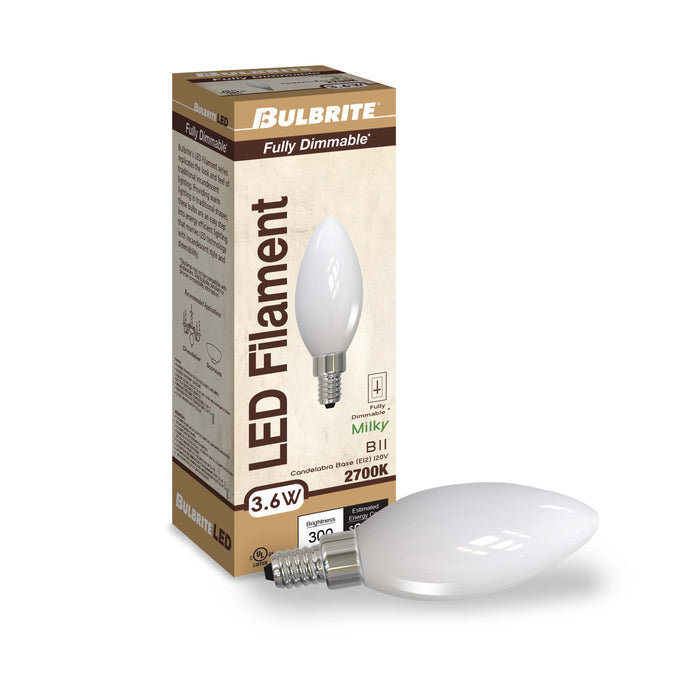 B11 4W Dimmable Milky Filament LED Light Bulb with E12 Base, 2700K, 300 Lumens, 4-Pack