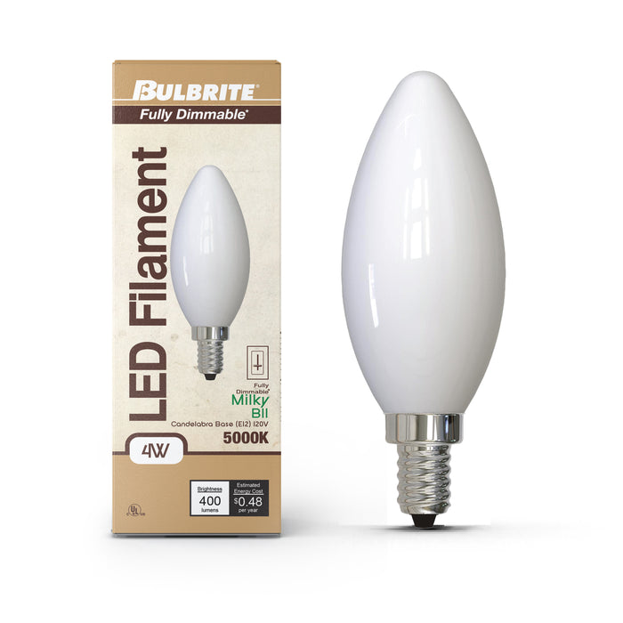 B11 4W Dimmable Milky Filament LED Light Bulb with E12 Base, 5000K, 400 Lumens, 4-Pack