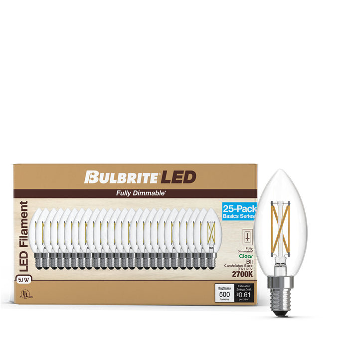 B11 5.1W Dimmable Clear Filament LED Light Bulb with E12 Base, 2700K, 500 Lumens, 25-Pack
