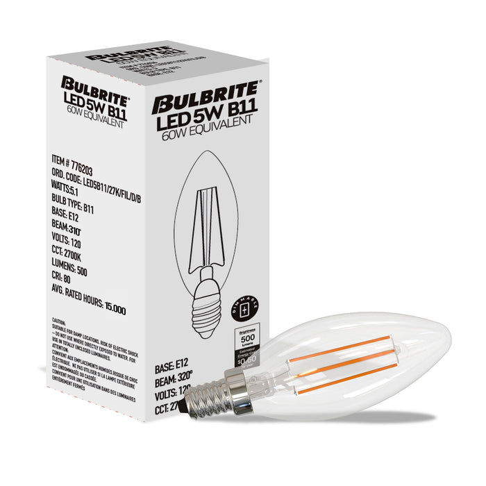 B11 5.1W Dimmable Clear Filament LED Light Bulb with E12 Base, 2700K, 500 Lumens, 4-Pack