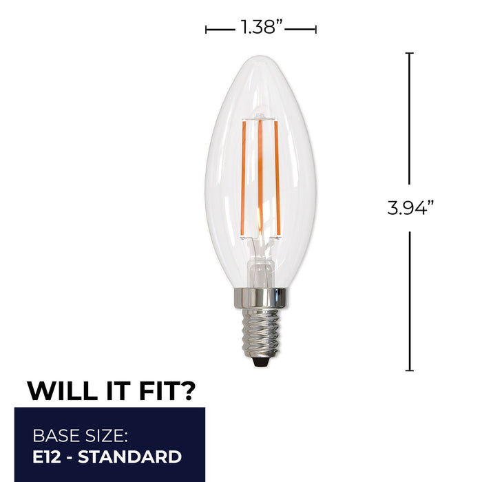 B11 5.1W Dimmable Clear Filament LED Light Bulb with E12 Base, 2700K, 500 Lumens, 4-Pack