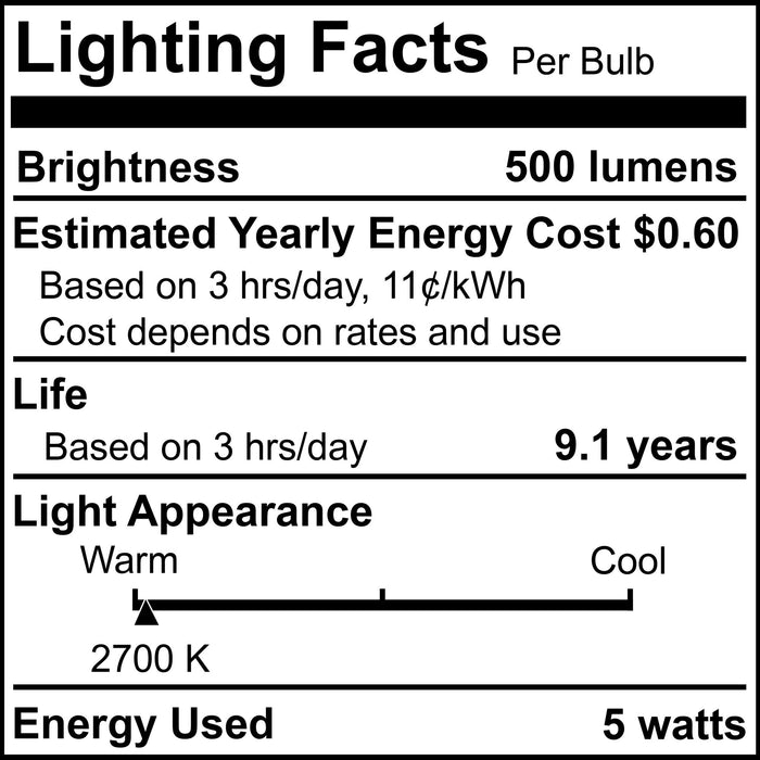 B11 5.1W Dimmable Clear Filament LED Light Bulb with E12 Base, 2700K, 500 Lumens, 4-Pack