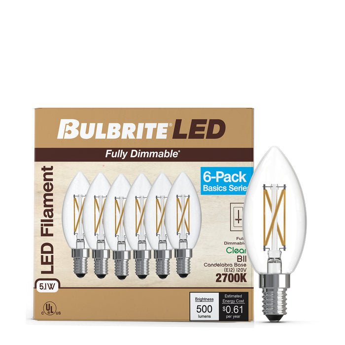 B11 5.1W Dimmable Clear Filament LED Light Bulb with E12 Base, 2700K, 500 Lumens, 6-Pack