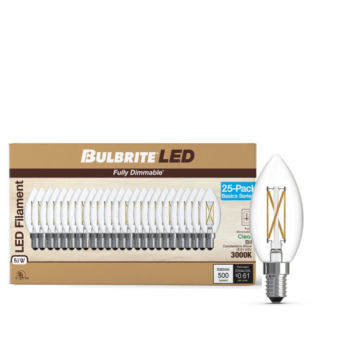 B11 5.1W Dimmable Clear Filament LED Light Bulb with E12 Base, 3000K, 500 Lumens, 25-Pack