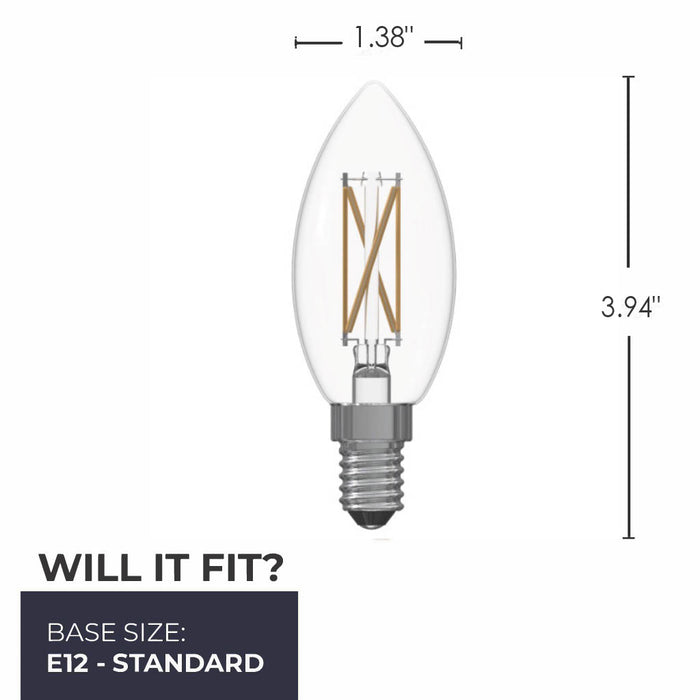 B11 5.1W Dimmable Clear Filament LED Light Bulb with E12 Base, 3000K, 500 Lumens, 25-Pack