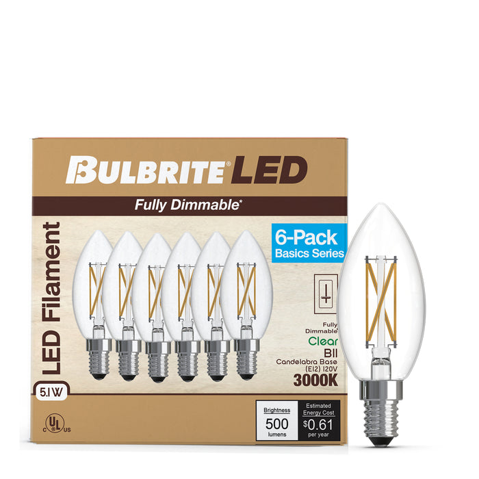 B11 5.1W Dimmable Clear Filament LED Light Bulb with E12 Base, 3000K, 500 Lumens, 6-Pack