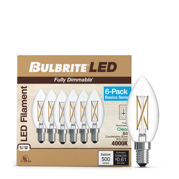 B11 5.1W Dimmable Clear Filament LED Light Bulb with E12 Base, 4000K, 500 Lumens, 6-Pack