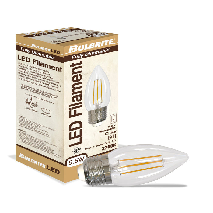 B11 5.5W Dimmable Clear Filament LED Light Bulb with E26 Base, 2700K, 500 Lumens, 4-Pack