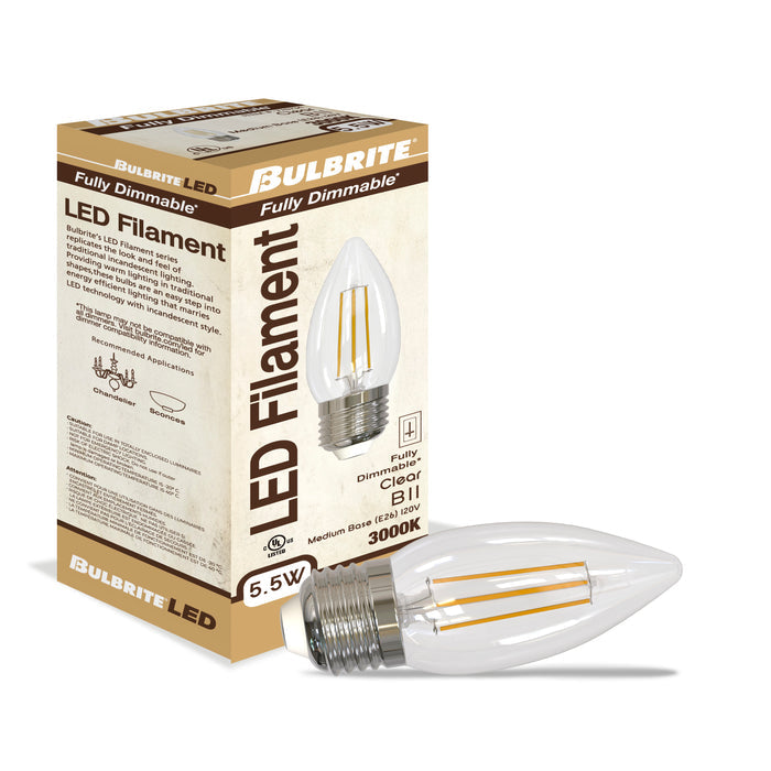 B11 5.5W Dimmable Clear Filament LED Light Bulb with E26 Base, 3000K, 500 Lumens, 3-Pack