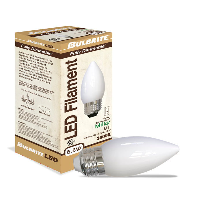 B11 5.5W Dimmable Milky Filament LED Light Bulb with E26 Base, 3000K, 500 Lumens, 4-Pack