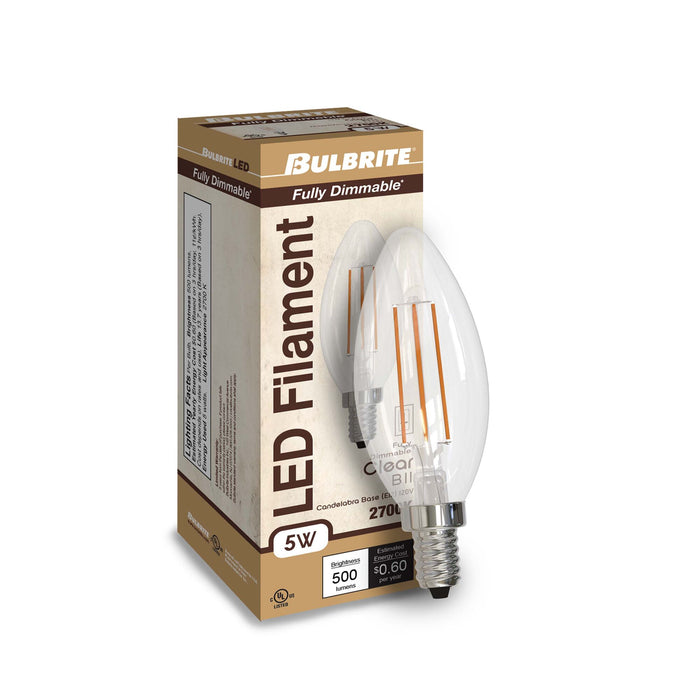 B11 5W Dimmable Clear Filament LED Light Bulb with E12 Base, 2700K, 500 Lumens, 4-Pack
