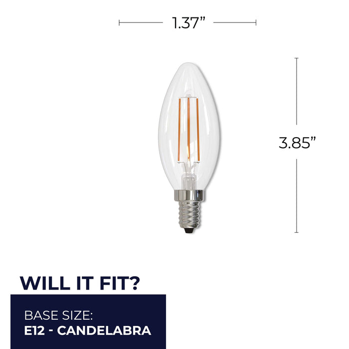 B11 5W Dimmable Clear Filament LED Light Bulb with E12 Base, 2700K, 500 Lumens, 4-Pack