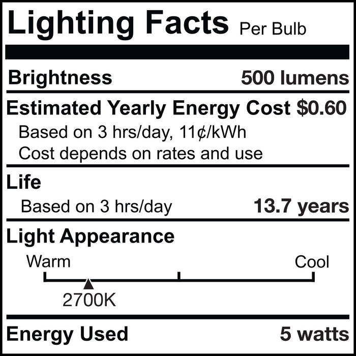B11 5W Dimmable Clear Filament LED Light Bulb with E12 Base, 2700K, 500 Lumens, 4-Pack